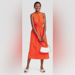 A New Day Womens Red Elastic Waist Cross Back Straps Midi Dress